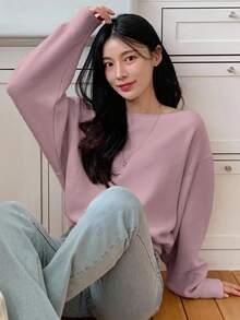 DAZY 女士休闲宽松纯色不对称肩长袖T恤露肩上衣可爱上衣 - 粉色 - 查看 5