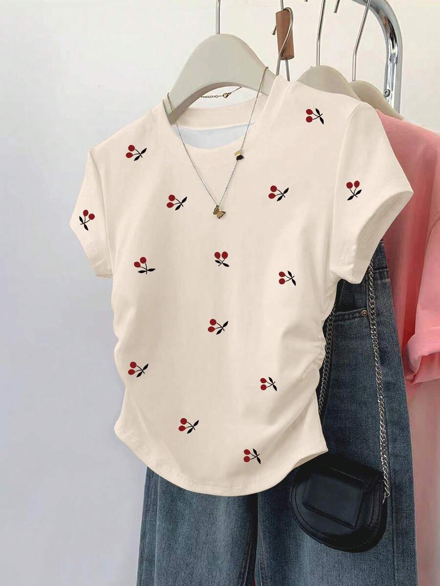 Resyla 女士时尚百搭修身褶皱腰短袖上衣，樱桃印花，夏季 - 杏色 - 查看 1