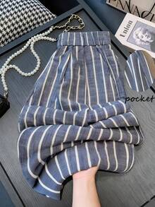 SHEIN Tall CURVE Quần ống rộng túi kẻ sọc dáng rộng cho nữ cỡ lớn - Màu xanh hải quân - Xem 1