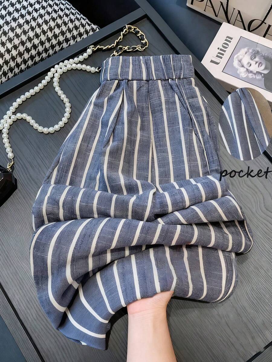 SHEIN Tall CURVE Quần ống rộng túi kẻ sọc dáng rộng cho nữ cỡ lớn - Màu xanh hải quân - Xem 1