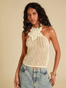 Travachic Áo hai dây dệt kim hở lưng khoét lỗ không tay màu trơn dành cho nữ - Vàng nhạt - Xem 3