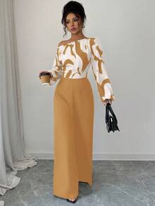 Elenzga Women's Printed Patchwork Waist Wide Leg Jumpsuit, Elegant Silhouette For Daily Commute And Versatile Wear - Khaki - View 5