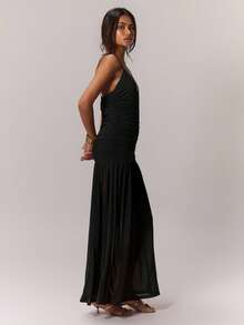 MUSERA Ruched Front Drop Hem Dress Spring Summer Occasion Wedding Deep V Holiday Ibiza Vacation Guest Elegant Birthday Night Out Date Outfit - Black - View 4