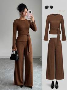 SHEIN Elenzya 女士优雅纯色纹理两件套，圆领长袖褶皱系带腰身金属纽扣装饰修身T恤和松紧腰直筒宽松裤 - 棕色 - 查看 5