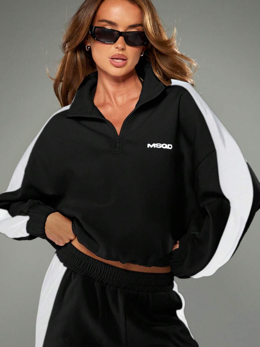 MISSGUIDED Oversized Half Zip Pullover Sweatshirt With Contrast Side Stripes And Logo - Black - View 1