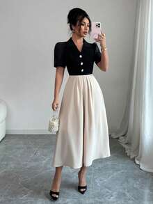 SHEIN Unity V-Neck Patchwork Color Block Cinched Waist Casual Dress - Black - View 1