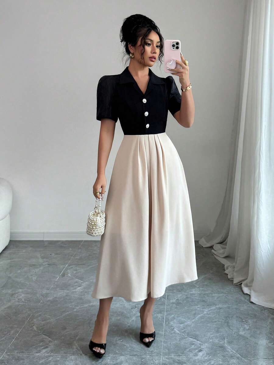 SHEIN Unity V-Neck Patchwork Color Block Cinched Waist Casual Dress - Black - View 1