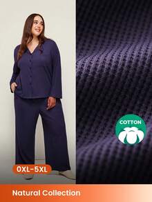 LUVLETTE Autumn And Winter Plus Size Women Soft Cotton Waffle Basic Button-Up Long-Sleeve & Long Pants Loungewear 2 Piece Pajama Set With Pockets Lingerie Pants With Pockets Fall Pajamas - Blue - View 1