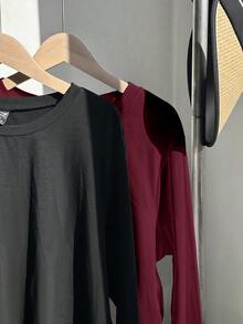 SHEIN EZwear 大码纯色修身长袖T恤，休闲百搭，秋冬款 - 酒紅色 - 查看 5