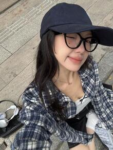 DAZY 女士格子落肩长袖单排扣休闲宽松衬衫 - 藍白色 - 查看 7