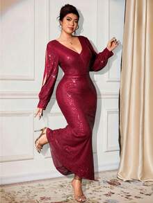 Cravure Vestido maxi ajustado de manga larga con cuello en V cruzado, bajo de cola de pez y tela con lentejuelas para mujer de talla grande, elegante para uso diario y fiestas - Rojo - Ver 4