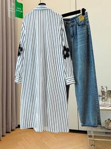 SHEIN LUNE Abito camicia da donna taglie forti con stampa floreale, strisce e strass