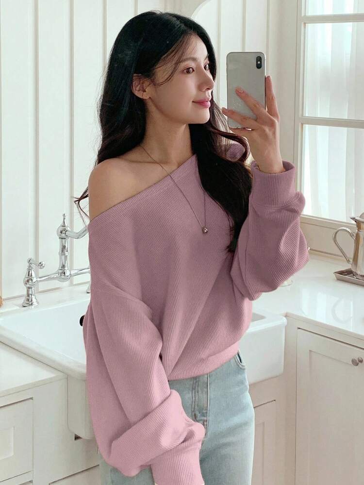 Women's Casual Loose Fit Solid Color Asymmetrical Shoulder Long Sleeve T-Shirt Off Shoulder Top Cute Tops