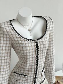 Váy dài tay thanh lịch dành cho nữ, đa năng cho tiệc tùng, thường ngày, đi làm, vải tuýt và vải chiffon chắp vá có viền xếp nếp, thu/đông - Nhiều màu - Xem 7