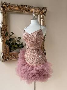 Lovelzi 优雅浪漫时尚的粉色亮片面料花苞装饰露背短款优雅派对礼服、婚礼宾客礼服、粉色鸡尾酒礼服 - 淺粉色 - 查看 5