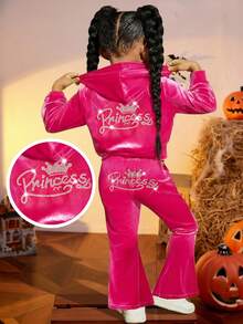 SHEIN 时尚可爱的女婴 2 件套水钻字母图案天鹅绒连帽衫和喇叭裤、运动裤、服装、可爱、休闲和复古，非常适合夏季和秋季休闲和日常穿着和学校日常穿着，适合圣诞节 - 粉色 - 查看 8