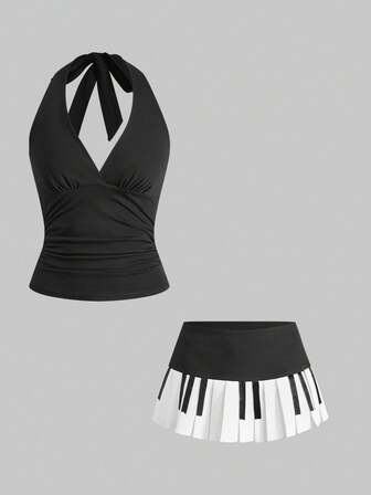 Grunge Punk 2 Stücke Y2K Micro Mini Rock & Trägertop Set, ultra taillierter Vintage plissierter Klaviertasten-Design