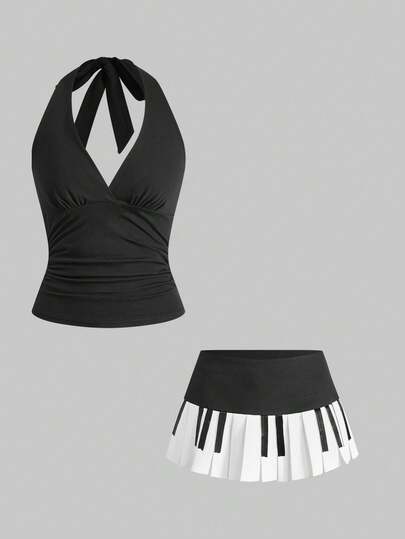 Grunge Punk 2 pezzi Set di minigonna e top corto con collo a canottiera in stile Y2K, vita ultra bassa, design vintage a tastiera di pianoforte plissettato