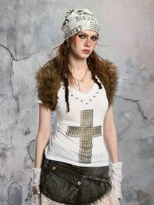 ROMWE Avant 性感Y2K透视深V领交叉金属图案修身女式T恤 - 白色 - 查看 8