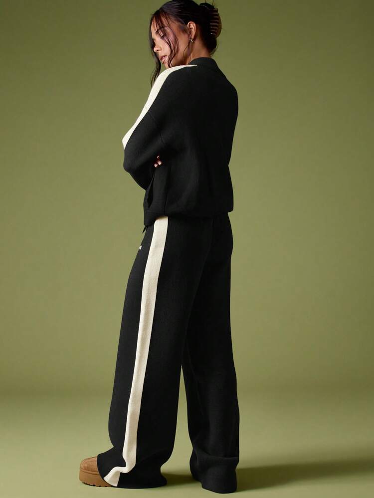 MISSGUIDED 자수 로고 스트라이프 디테일 긴소매 캐주얼 스웨터 재킷 니트 지퍼업 가디건