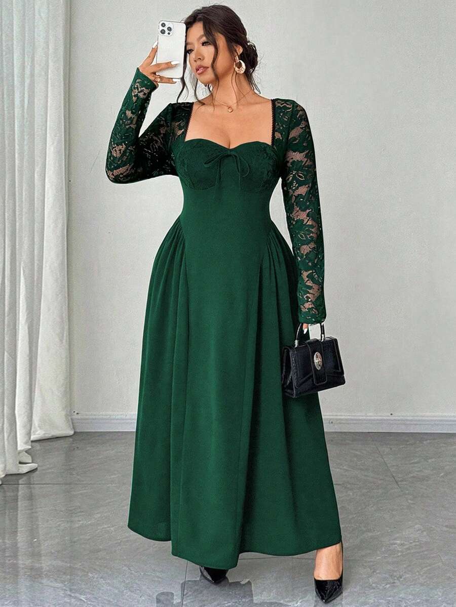 Elenzga Plus Size Women Elegant Romantic Sweetheart Neck Lace Patchwork Long Sleeve Dress - Dark Green - View 1