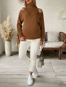 SHEIN Sweater Hamil Lengan Panjang Kerah Tegak Elegan dengan Lubang-lubang - Coklat - View 4