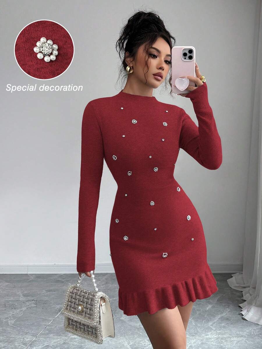 SHEIN Elenzya 秋冬新款针织镶钻立领长袖修身优雅荷叶边下摆女式毛衣连衣裙 - 酒紅色 - 查看 1