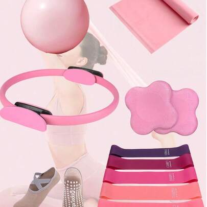 11 Conjuntos de Kits de Exercícios de Yoga e Pilates - Equipamentos de Fitness Domésticos Femininos - Faixas de Resistência Glútea, Dispositivos de Alongamento, Mini Bolas de Exercício de Pilates e Yoga, Meias de Yoga, Cintos de Alongamento, Placas de Força, Almofadas de Apoio para os Joelhos. Adequado para Exercícios Domésticos de Pernas, Braços e Coxas, Etc.