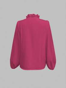 EMERY ROSE Women's Solid Color Ruffle V-Neck Lantern Sleeve Fashionable Blouse - Hot Pink - View 2