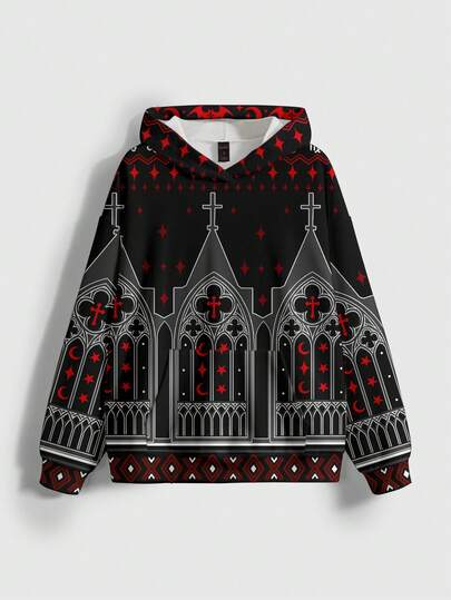 Gothic Cross All-Over Print Loose Fit Hoodie Sweatshirt For Women