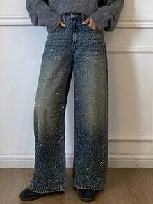 DAZY 女士常规腰围全印花水钻装饰宽松筒状牛仔裤，时尚休闲街头风 Y2K - 中等水洗藍 - 查看 2