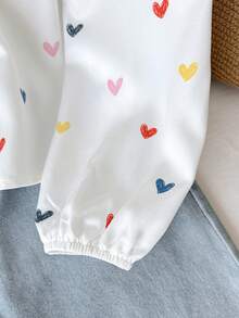 Leap Crew Tween Girls' Loose Casual Simple Stand-Up Collar Colorful Heart-Shaped Printed Long-Sleeved Shirt Girls Long Sleeve Shirt, Suitable For Kids Casual Wear, Back To School, Opening Ceremony, Daily Wear, School, Travel, Sports, Spring And Summer - White - View 8