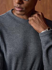 AKNOTIC Men's Fashionable Casual Ribbed Crew Neck Grey Long Sleeve T-Shirt - Light Grey - View 2