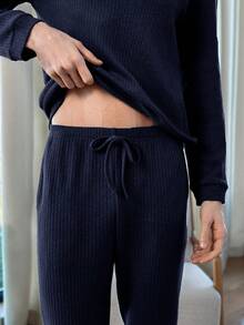 EURMUSE Cotton Men'S Ribbed Knit Homewear Set - Navy Blue - View 5