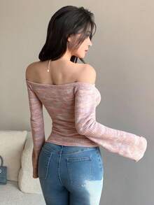 DAZY Spring New Sheer Mesh Off-Shoulder Special Fabric Women T-Shirt - Pink - View 3