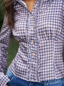 Chiquease Chemise décontractée à manches longues, taille unique, à boutonnage simple avec volants à carreaux pour femmes - Multicolore - Voir 6