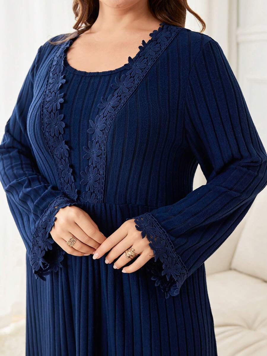 Lacomfia Plus Size Casual Solid Color Ribbed Floral Trim Round Neck Long Sleeve A-Line Midi Dress, Spring/Autumn - Blue - View 1