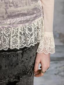 ROMWE EDITION Fairy Punk Rebellious Sheer Mesh Lace Rivet Splice Fitted Long Sleeve T-Shirt - Apricot - View 4