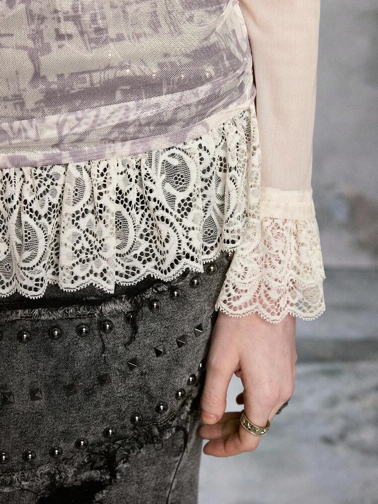ROMWE EDITION Fairy Punk Rebellious Sheer Mesh Lace Rivet Splice Fitted Long Sleeve T-Shirt - Apricot - View 4