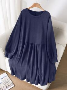 CosyJoli Váy họa tiết hoa tuyết cổ tròn chữ A cỡ lớn thường ngày - Màu xanh lam - Xem 3