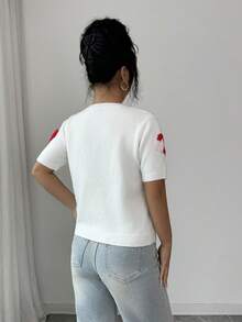 SHEIN Elenzya Blusa feminina leve de malha com estampa de corações em jacquard, manga curta e estilo delicado. - Branco - Ver 2