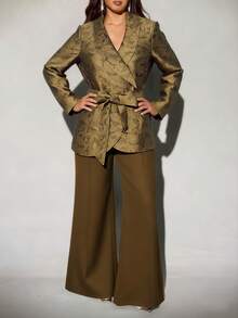 Viva Relle 纹理3D花卉金色腰带蝴蝶结夹克，秋冬 - 金色 - 查看 4