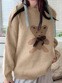 DAZY Tween Girls' Round Neck Bear Pattern Sweater, Autumn - Apricot - View 4