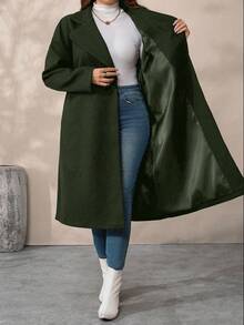 SHEIN Tall CURVE 大码女式纯色翻领长袖休闲羊毛长外套，秋冬款 - 軍綠色 - 查看 4