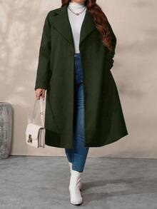 SHEIN Tall CURVE 大码女式纯色翻领长袖休闲羊毛长外套，秋冬款 - 軍綠色 - 查看 7