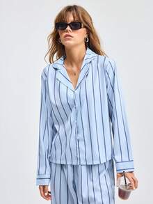 Loungeista 两件套女士宽松舒适透气条纹长袖睡衣套装 - 灰色 - 查看 8