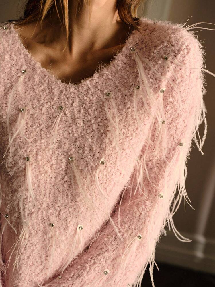 V-NECK FEATHER & RHINESTONE DECOR FLARE SLEEVE SWEATER