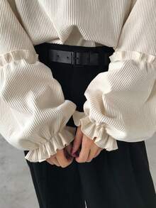 FRIFUL 女士休闲纯色荷叶边长袖T恤 - 杏色 - 查看 6