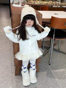 DAZY Baby Girls' Round Neck Ruffle Mesh Patchwork Long Sleeve Cardigan With Letter Embroidery, Autumn/Winter - White - View 2