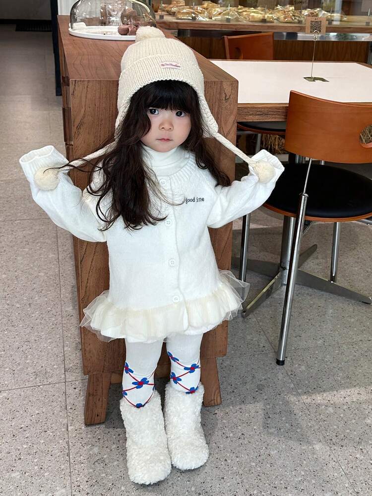 Baby Girls' Round Neck Ruffle Mesh Patchwork Long Sleeve Cardigan With Letter Embroidery, Autumn/Winter Toddler Girls Clothes